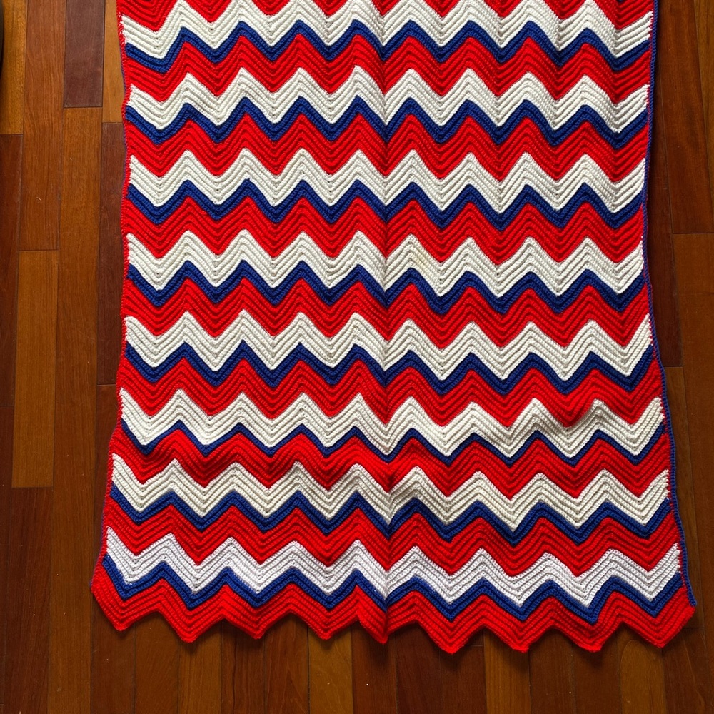 Handmade cottagcore, cozy, Afghan chevron‎ Red, white and blue